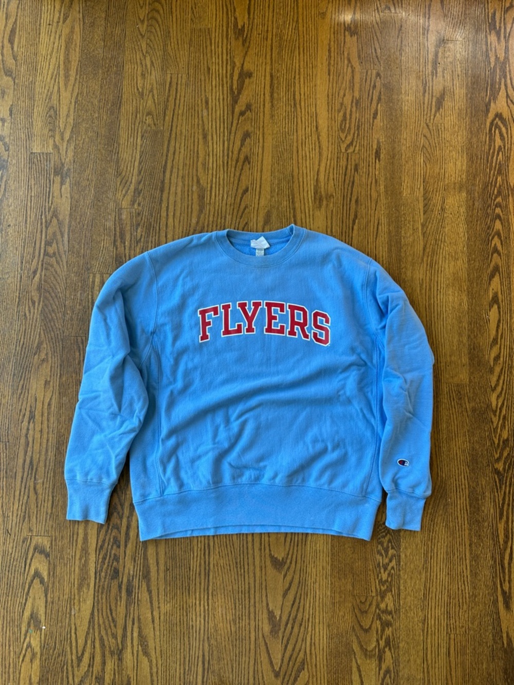 Champion Light Blue Crewneck Sweatshirt with Red 'FLYERS' Lettering